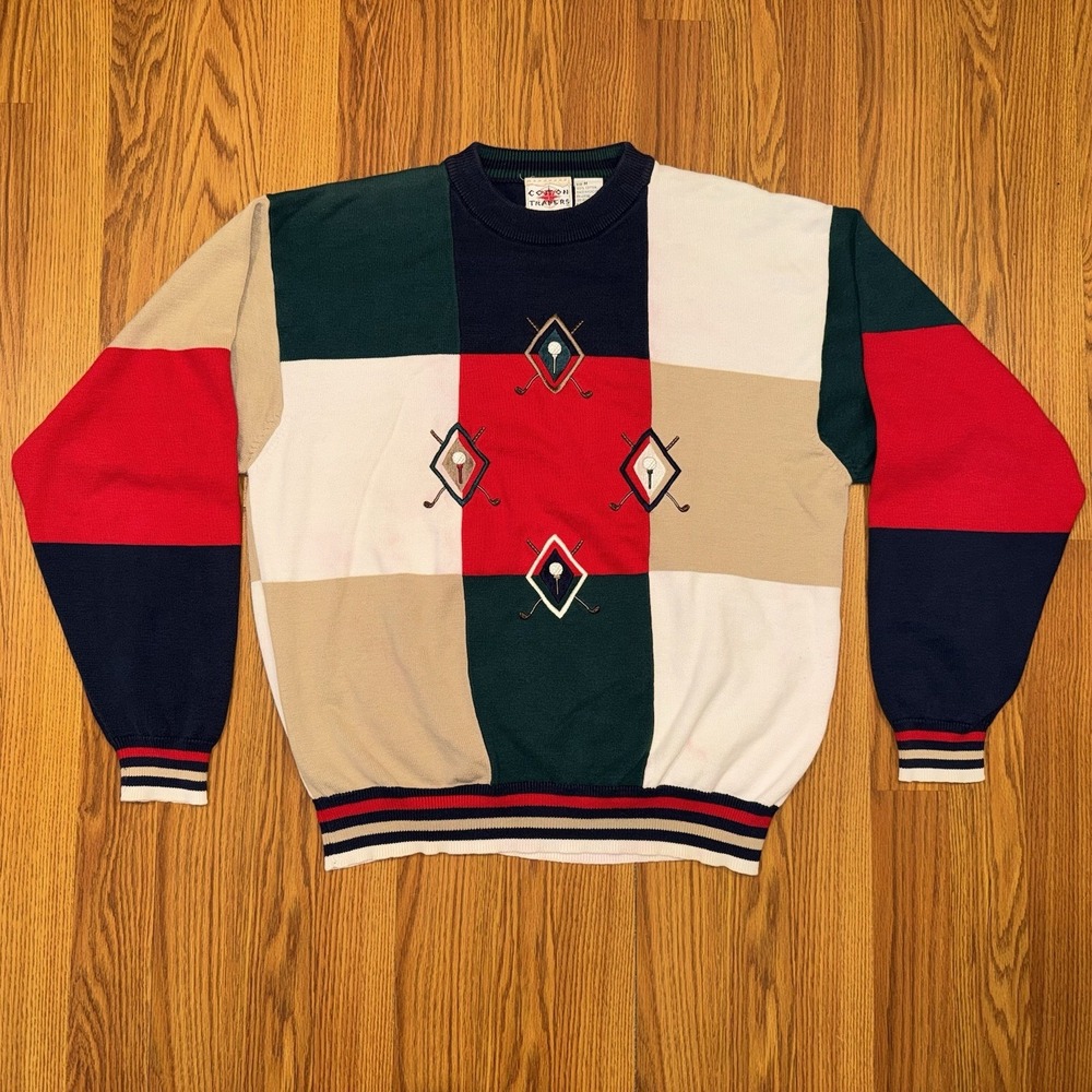 VINTAGE COTTON TRADERS Sweater Mens M Color Block Embroidered Golfer Grandpa